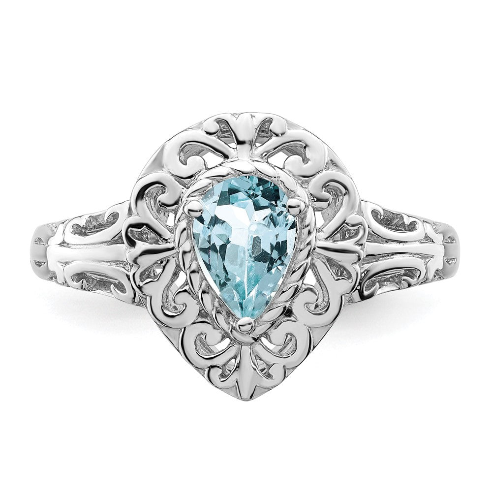 Sterling Silver Rhodium Plated Aquamarine Teardrop Ring