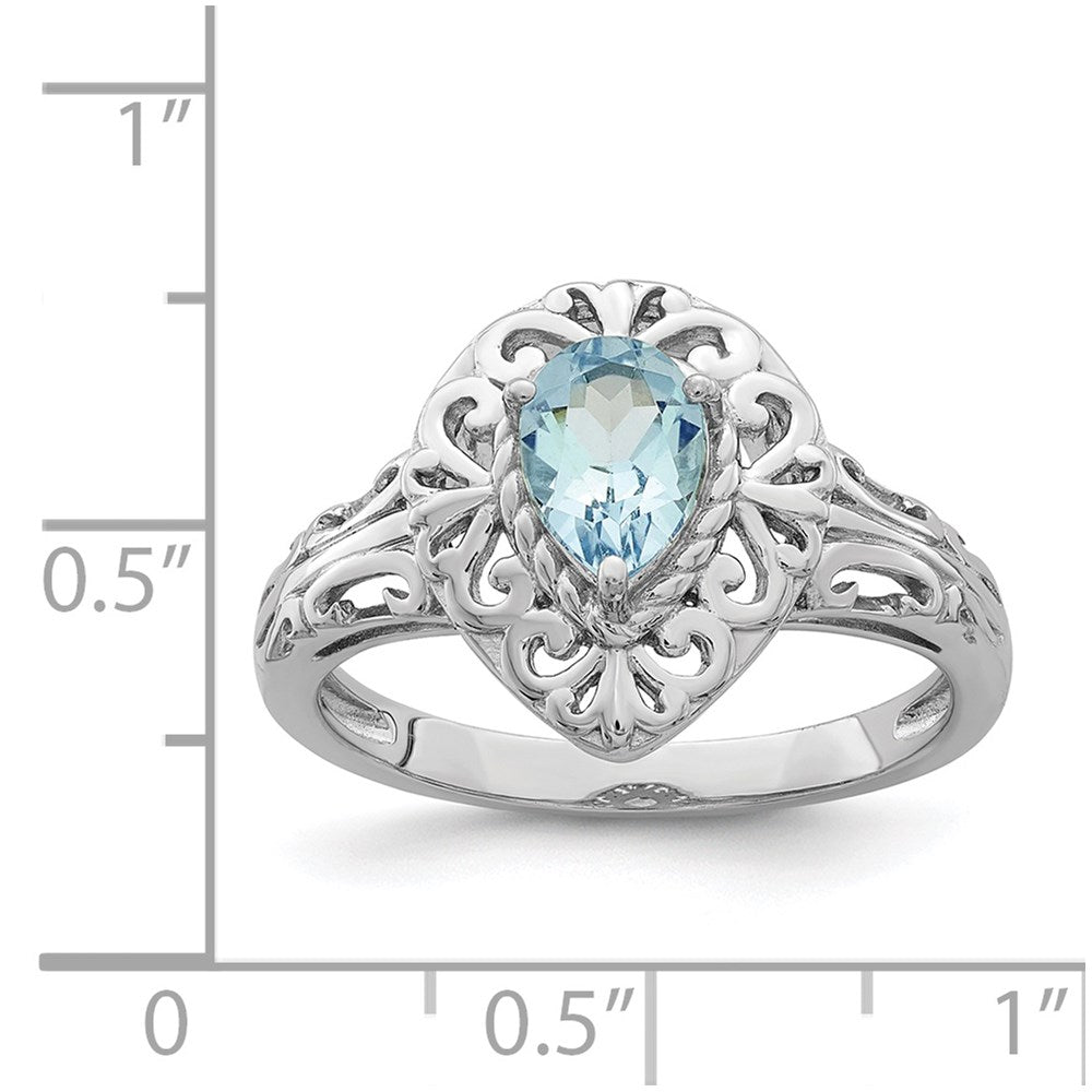 Sterling Silver Rhodium Plated Aquamarine Teardrop Ring