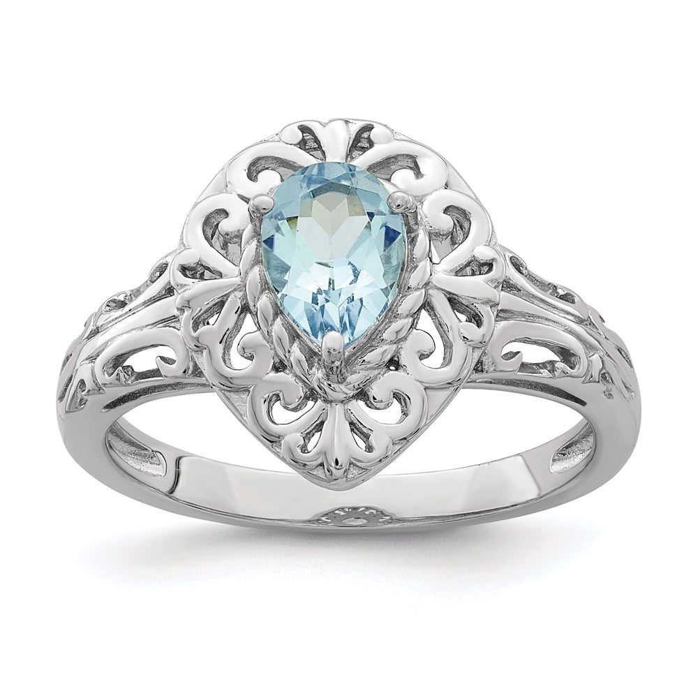 Sterling Silver Rhodium Plated Aquamarine Teardrop Ring