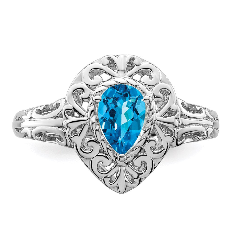 Sterling Silver Rhodium Plated Sky Blue Topaz Teardrop Ring