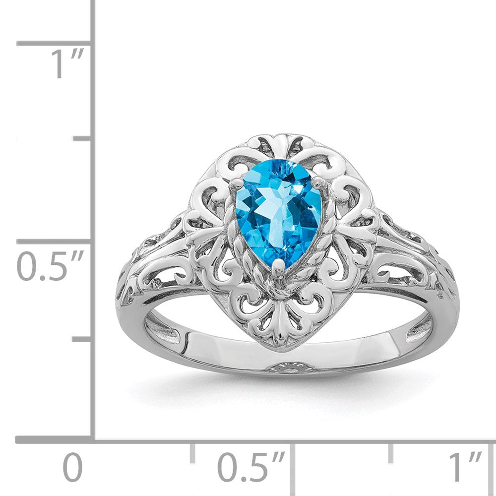 Sterling Silver Rhodium Plated Sky Blue Topaz Teardrop Ring