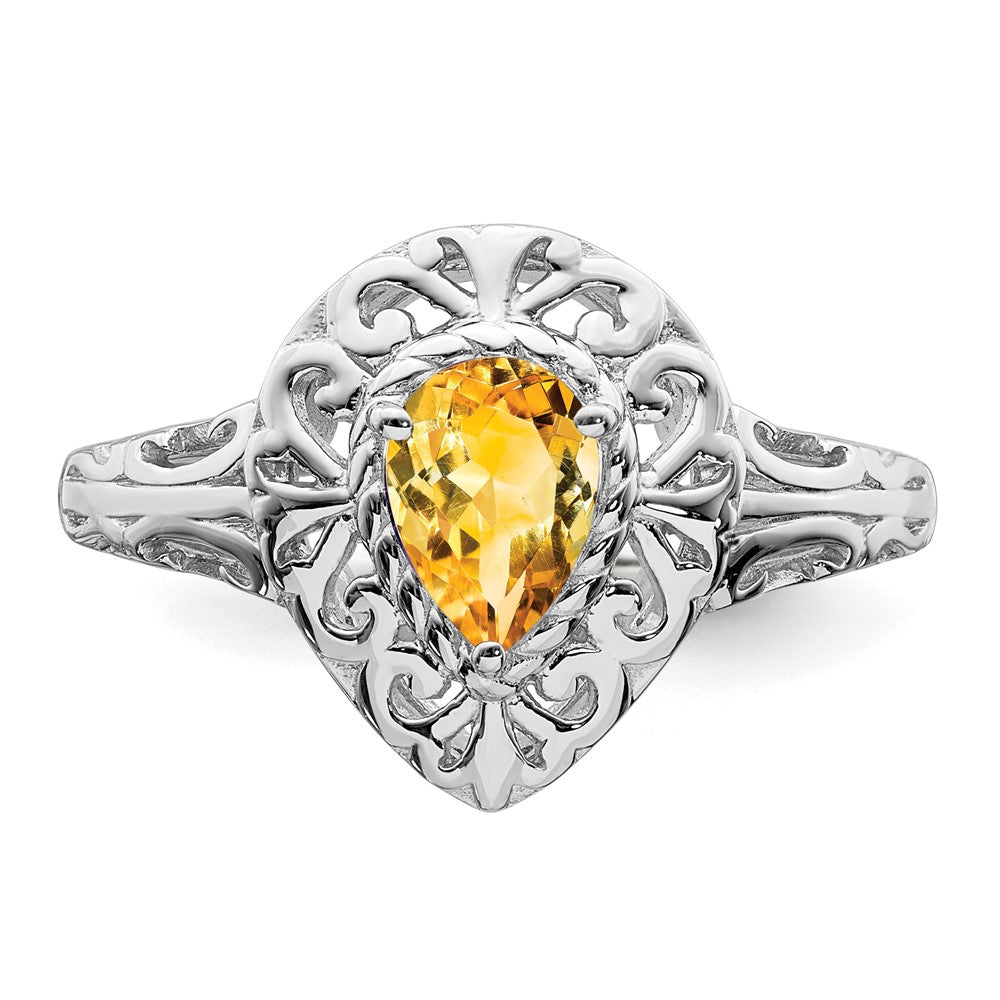 Sterling Silver Rhodium Plated Citrine Teardrop Ring