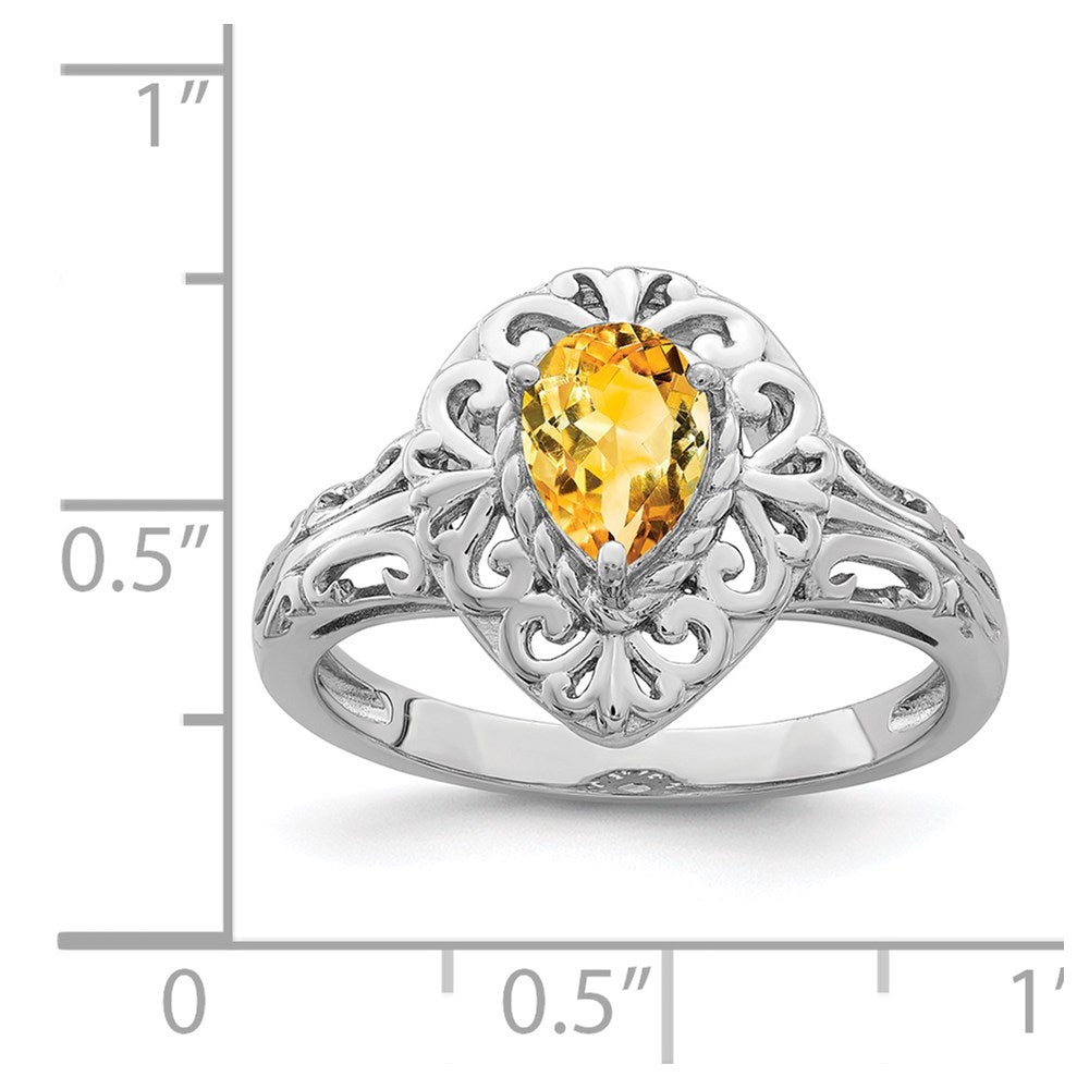 Sterling Silver Rhodium Plated Citrine Teardrop Ring