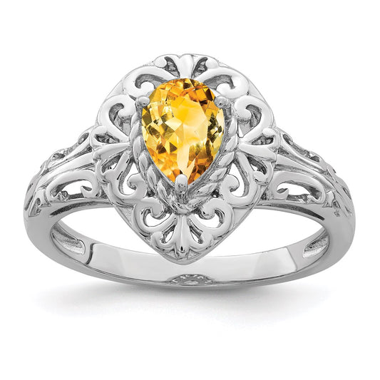 Sterling Silver Rhodium Plated Citrine Teardrop Ring