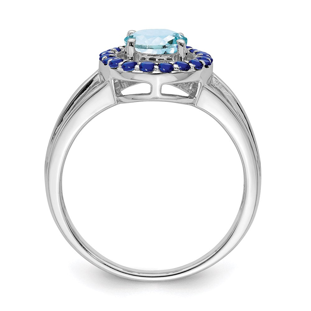 Sterling Silver Rhodium Aquamarine and Sapphire Oval Ring