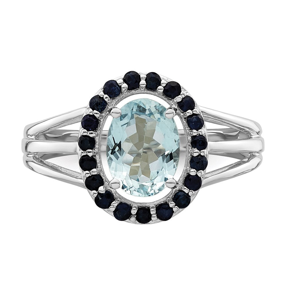 Sterling Silver Rhodium Aquamarine and Sapphire Oval Ring