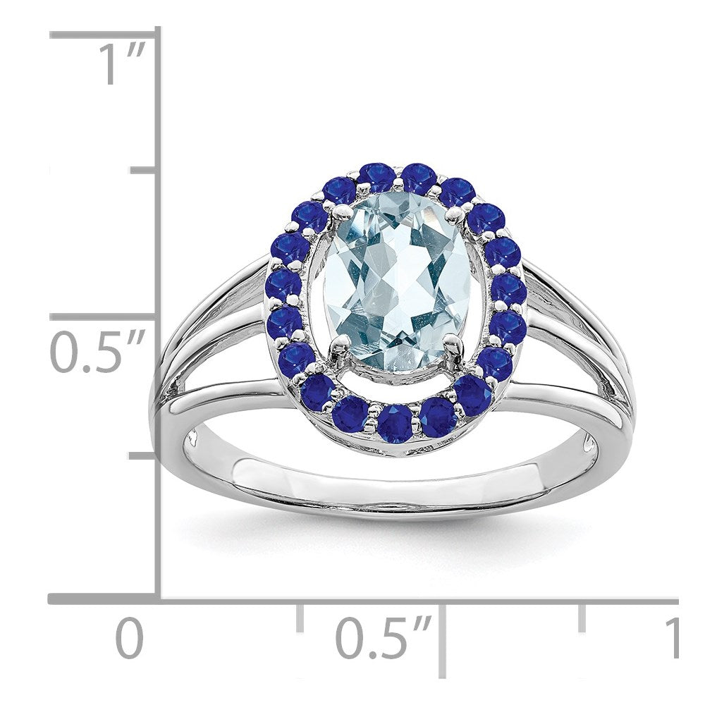 Sterling Silver Rhodium Aquamarine and Sapphire Oval Ring