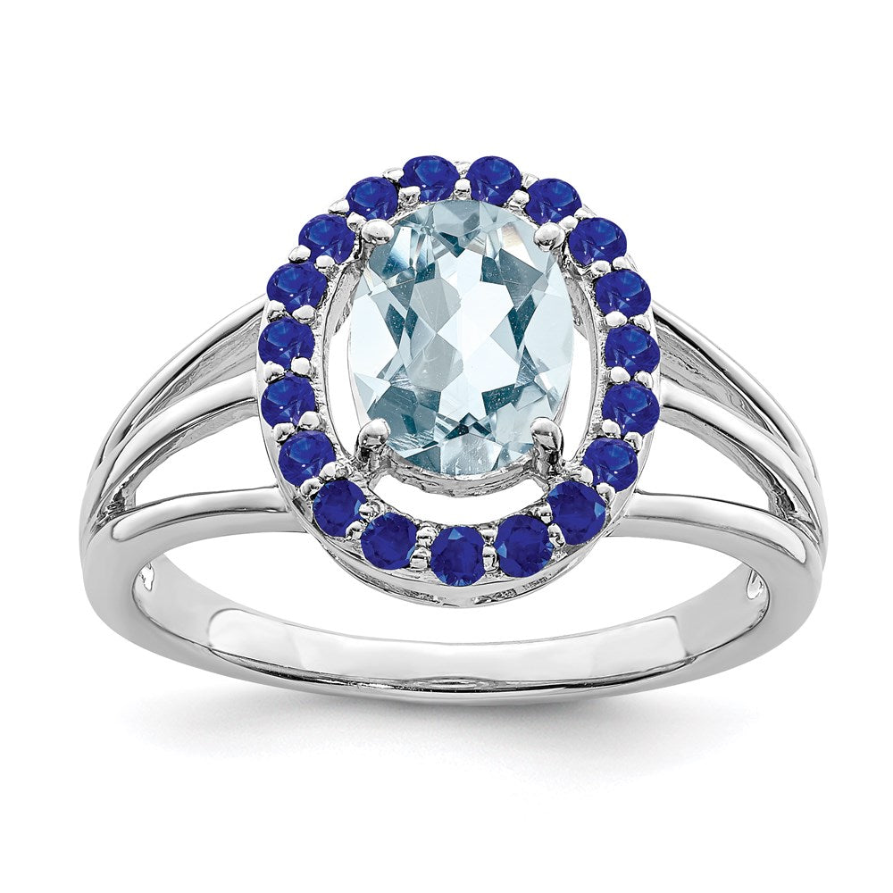 Sterling Silver Rhodium Aquamarine and Sapphire Oval Ring