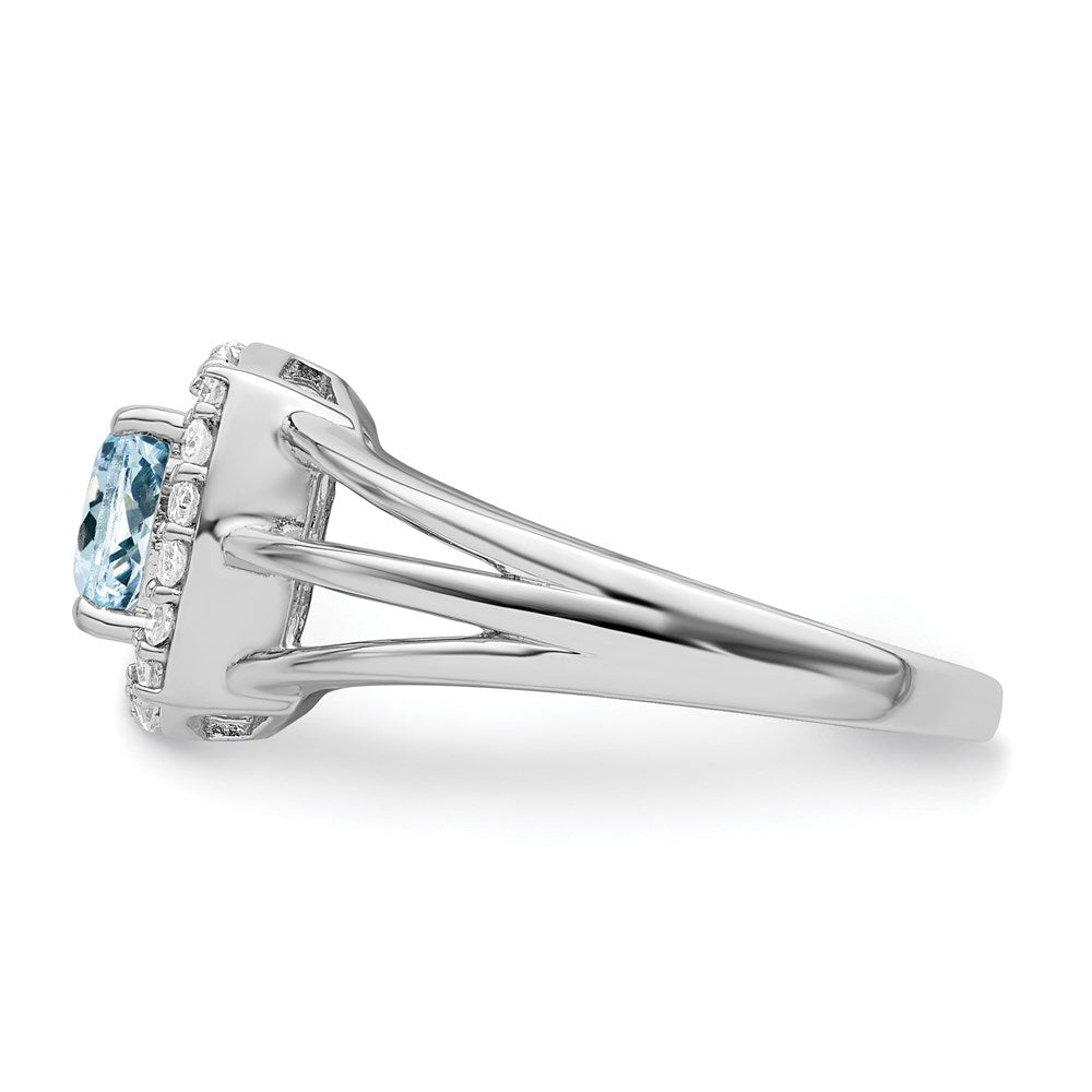 Sterling Silver Rhodium Aquamarine & Diamond Square Ring