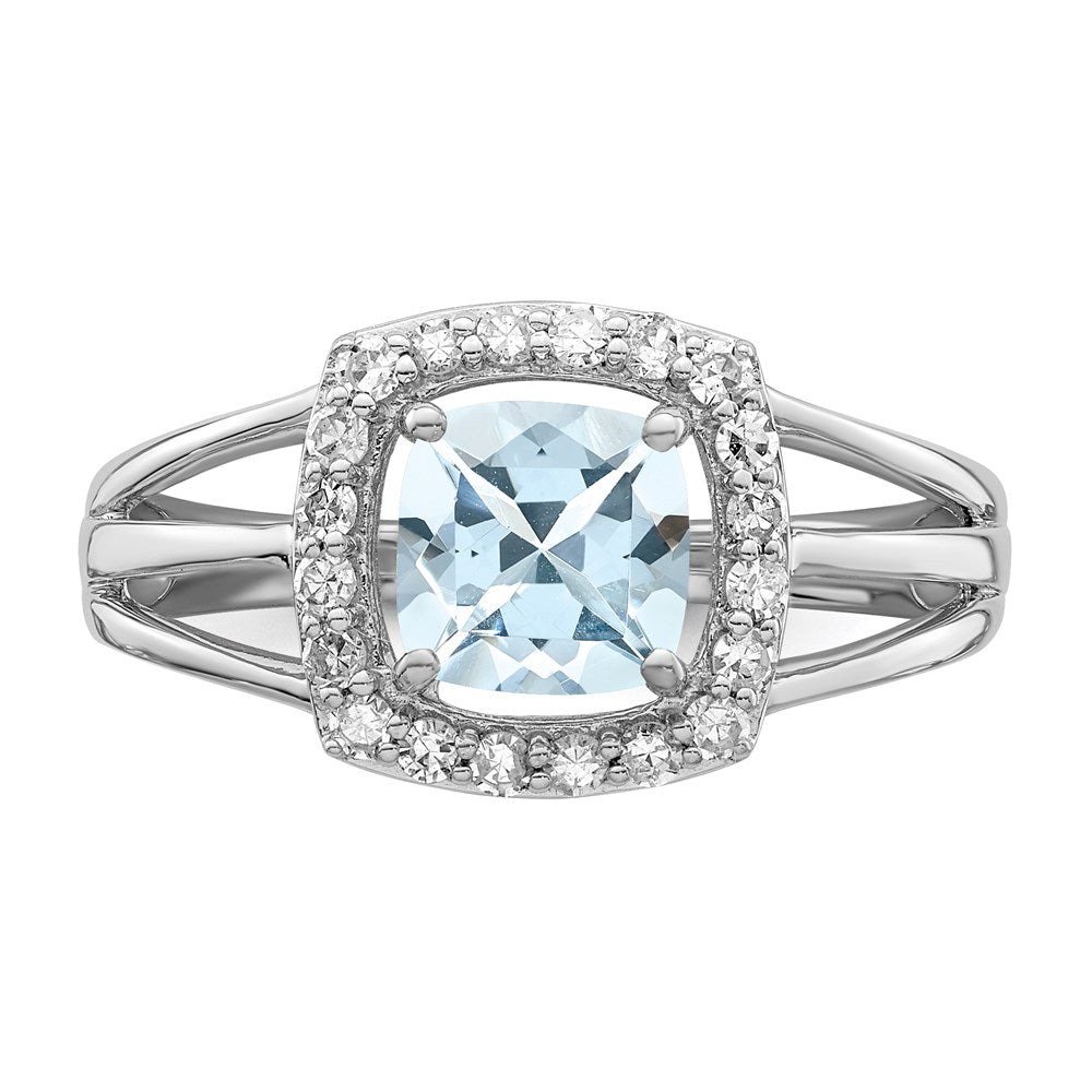 Sterling Silver Rhodium Aquamarine & Diamond Square Ring