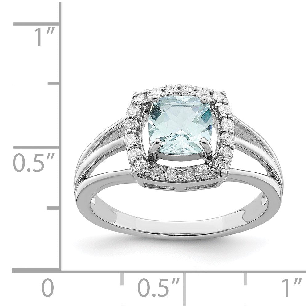 Sterling Silver Rhodium Aquamarine & Diamond Square Ring