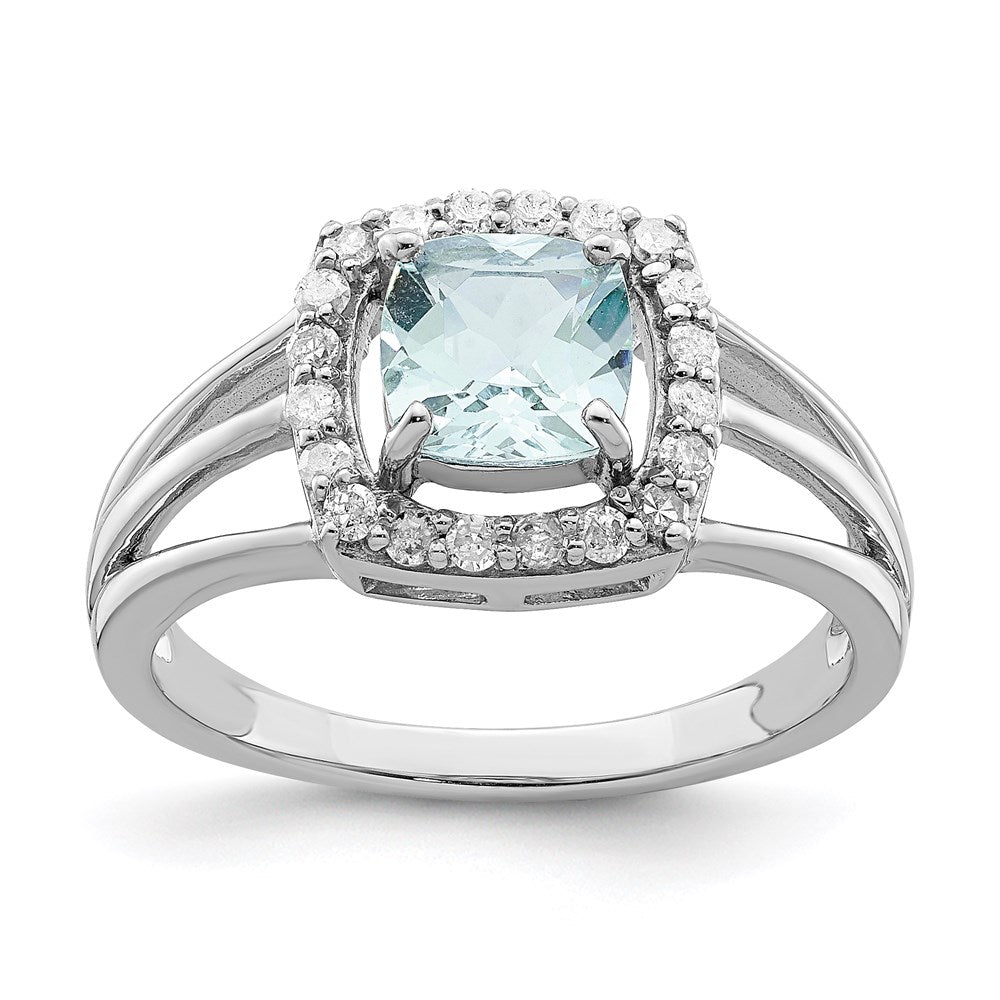 Sterling Silver Rhodium Aquamarine & Diamond Square Ring