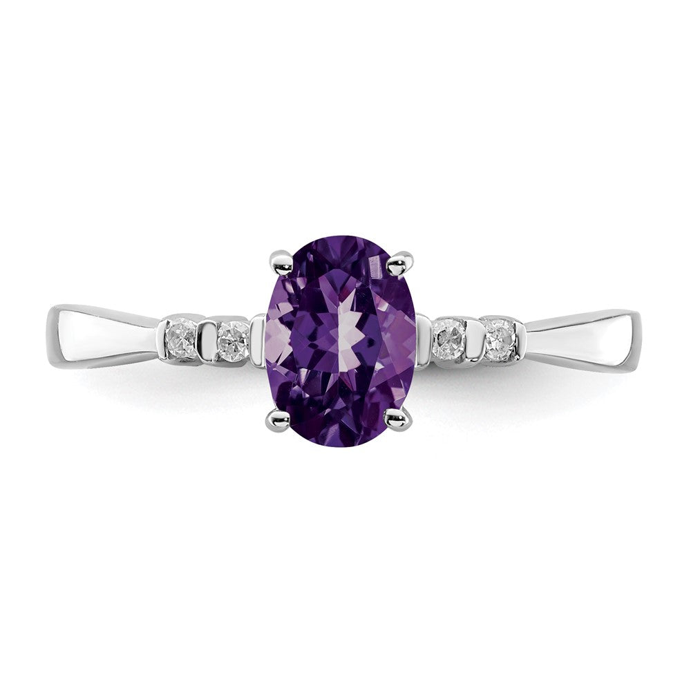 Sterling Silver Rhodium Plated Diamond & Amethyst Oval Ring