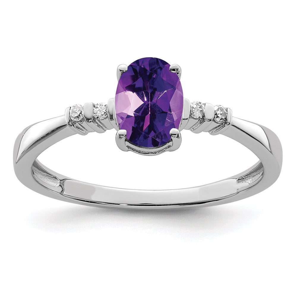 Sterling Silver Rhodium Plated Diamond & Amethyst Oval Ring