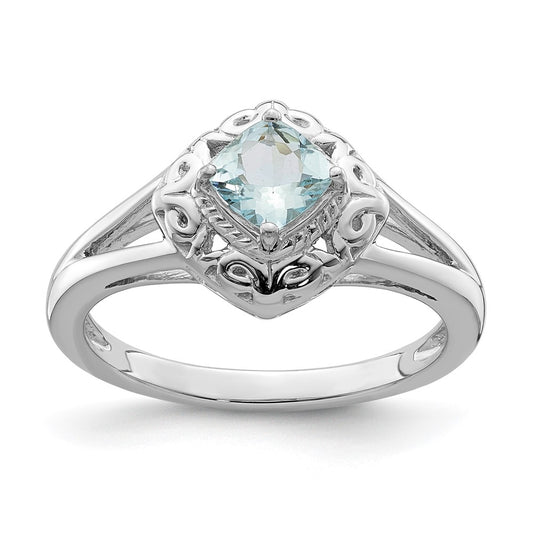 Sterling Silver Rhodium Aquamarine Square Ring