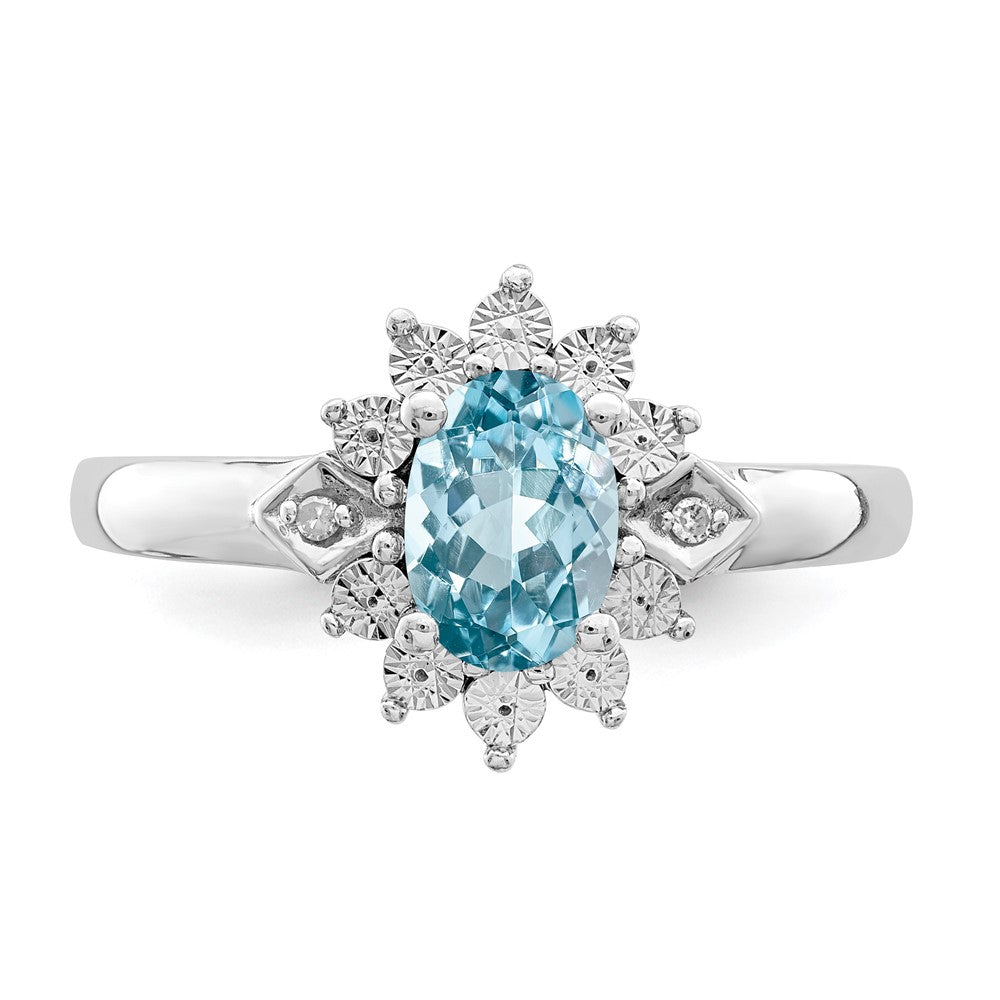 Sterling Silver Rhodium Diamond & Light Blue Topaz Ring