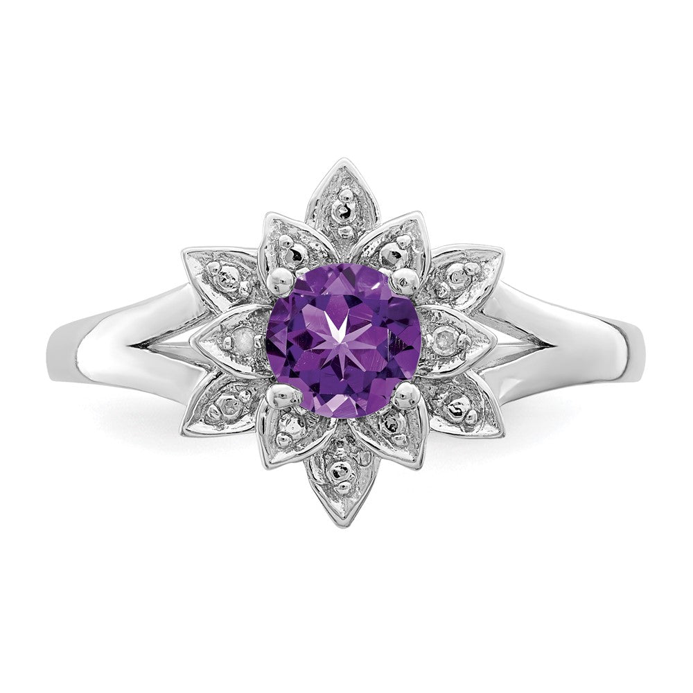 Sterling Silver Rhodium-plated Diamond & Amethyst Ring