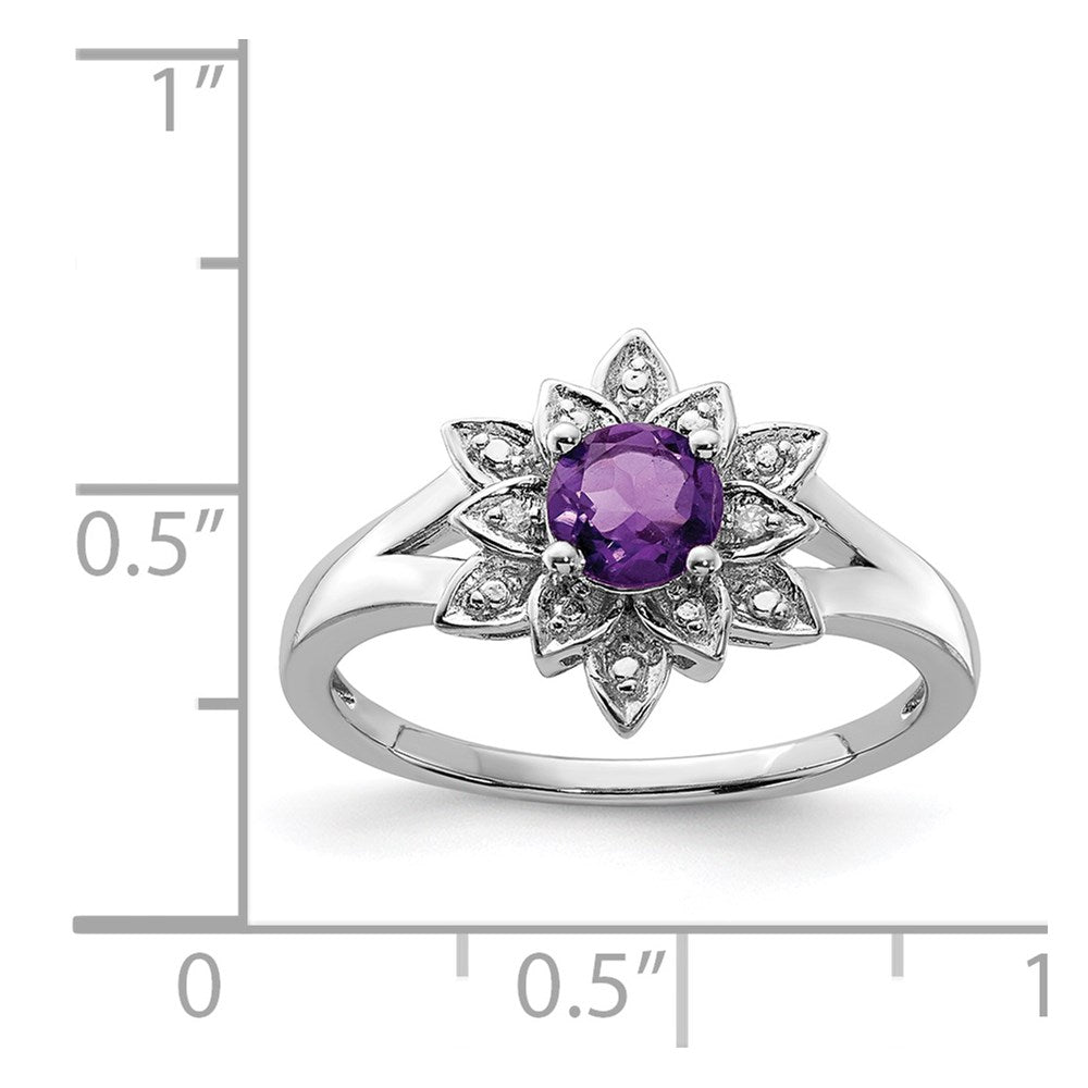 Sterling Silver Rhodium-plated Diamond & Amethyst Ring