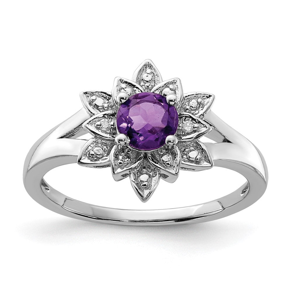 Sterling Silver Rhodium-plated Diamond & Amethyst Ring