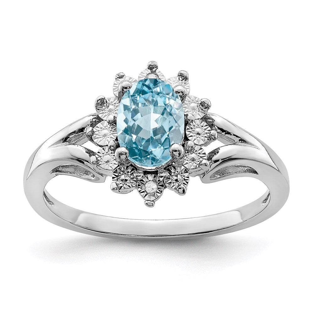 Sterling Silver Rhodium Diamond & Light Blue Topaz Ring