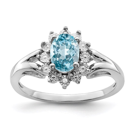 Sterling Silver Rhodium Diamond & Light Blue Topaz Ring