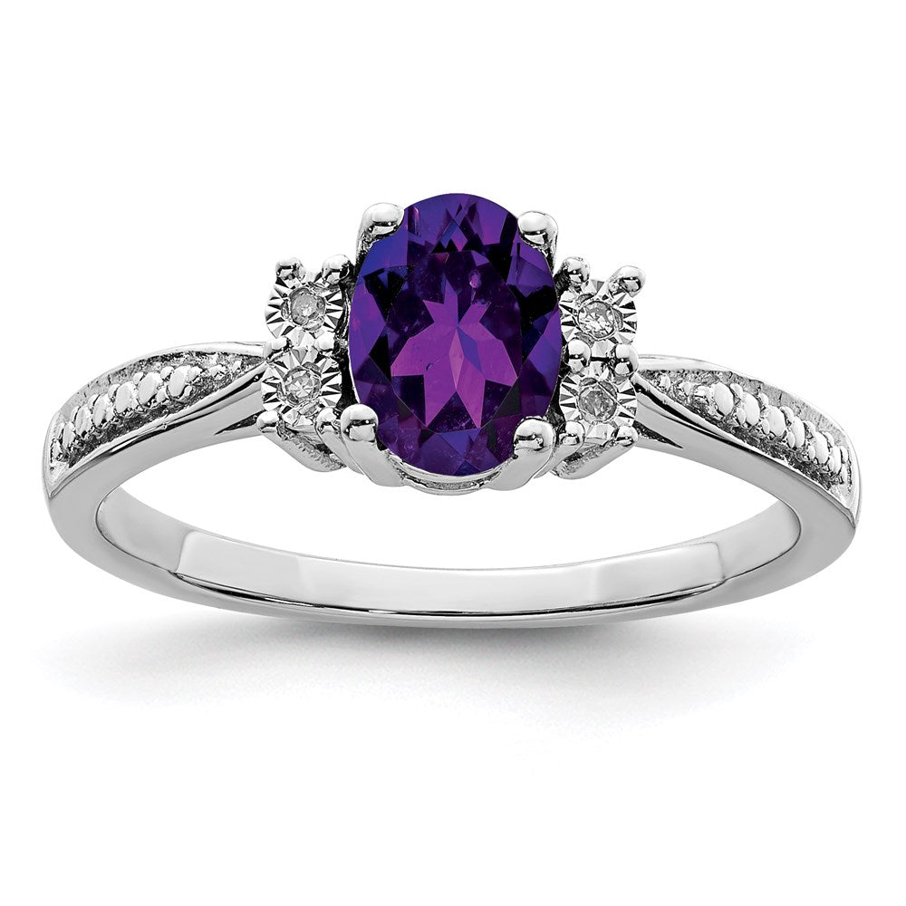 Sterling Silver Rhodium-plated Diamond & Amethyst Ring