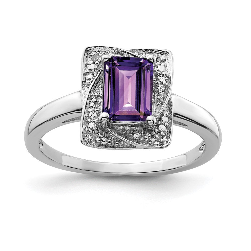 Sterling Silver Rhodium-plated Diamond & Amethyst Ring