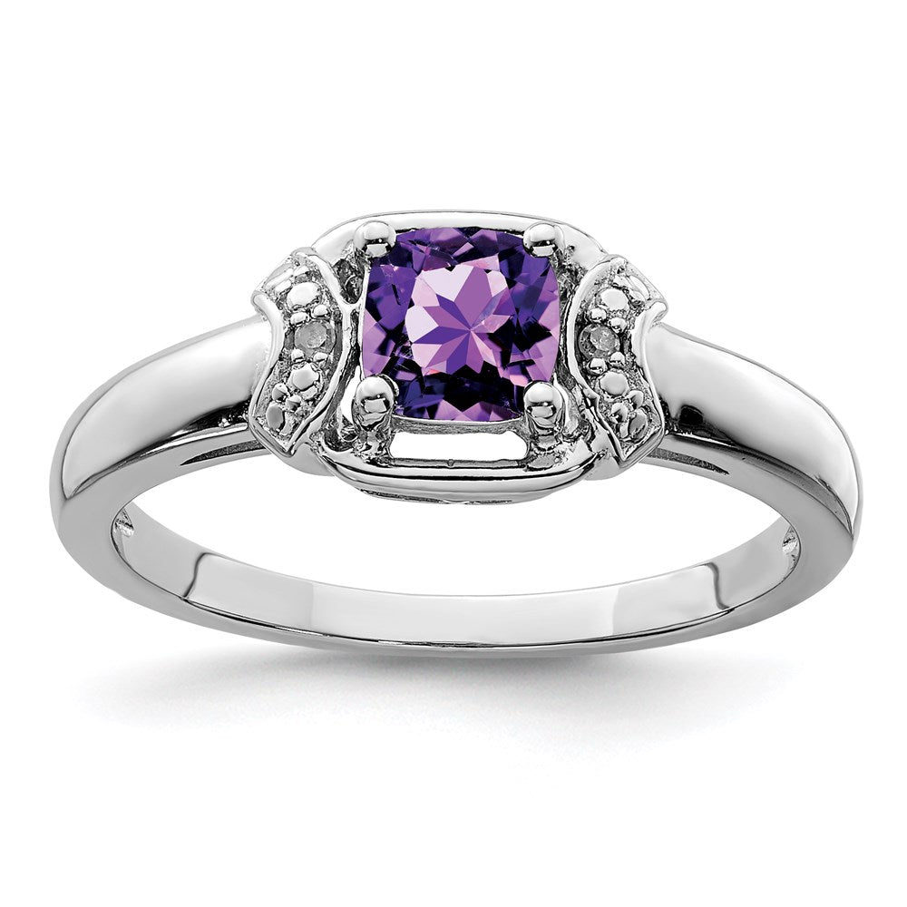 Sterling Silver Rhodium-plated Diamond & Amethyst Ring