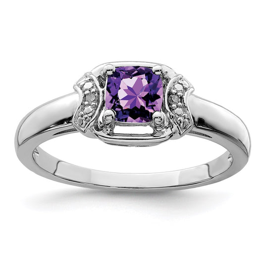 Sterling Silver Rhodium-plated Diamond & Amethyst Ring