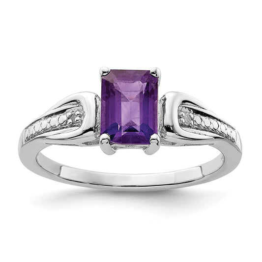 Sterling Silver Rhodium-plated Diamond & Amethyst Ring