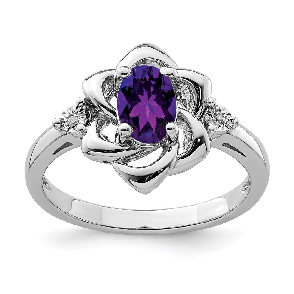 Sterling Silver Rhodium-plated Diamond & Amethyst Ring