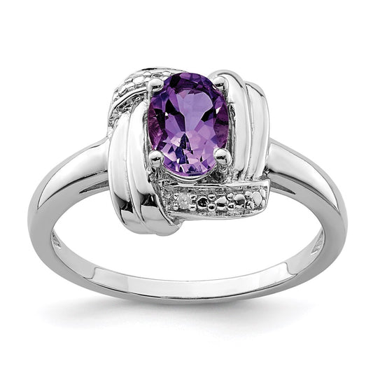 Sterling Silver Rhodium-plated Diamond & Amethyst Ring