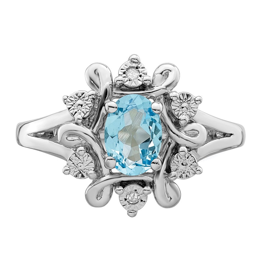 Sterling Silver Rhodium-plated Diamond & Light Blue Topaz Ring