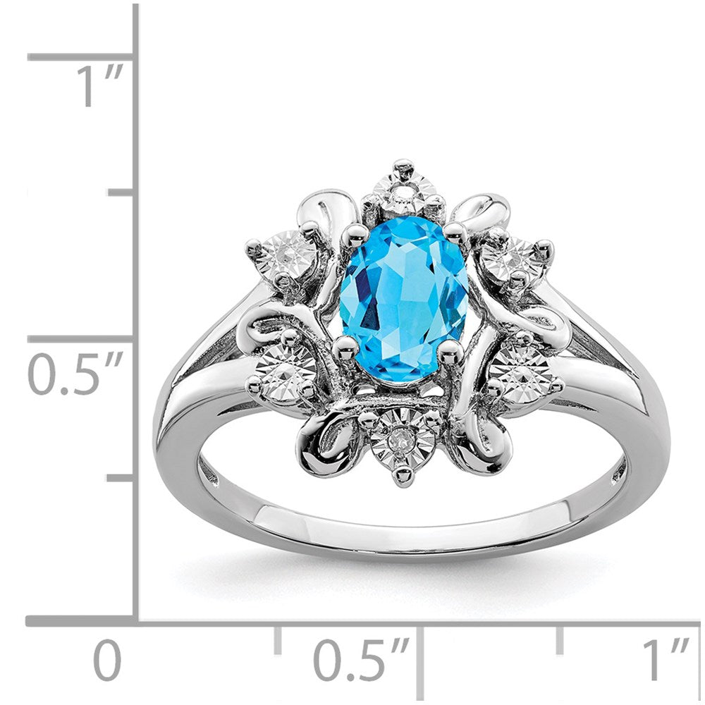 Sterling Silver Rhodium-plated Diamond & Light Blue Topaz Ring