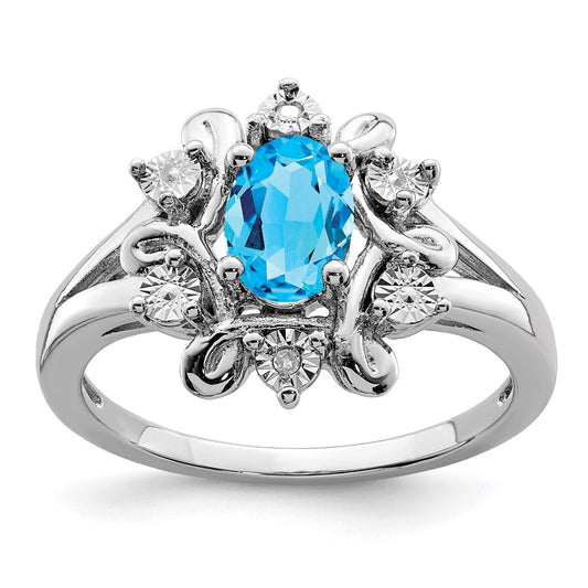 Sterling Silver Rhodium-plated Diamond & Light Blue Topaz Ring