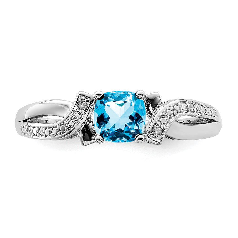 Sterling Silver Rhodium Light Swiss Blue Topaz & Diamond Ring