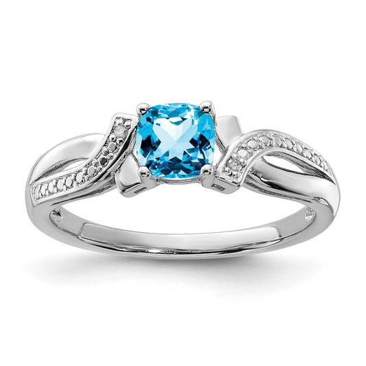 Sterling Silver Rhodium Light Swiss Blue Topaz & Diamond Ring