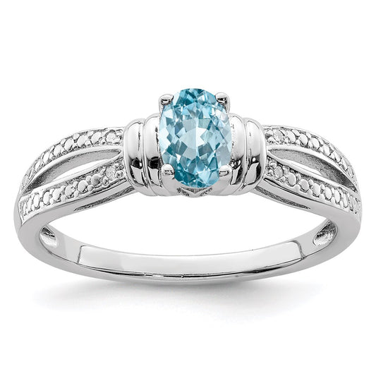 Sterling Silver Rhodium Light Swiss Blue Topaz & Diamond Ring