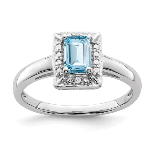 Sterling Silver Rhodium Light Swiss Blue Topaz & Diamond Ring