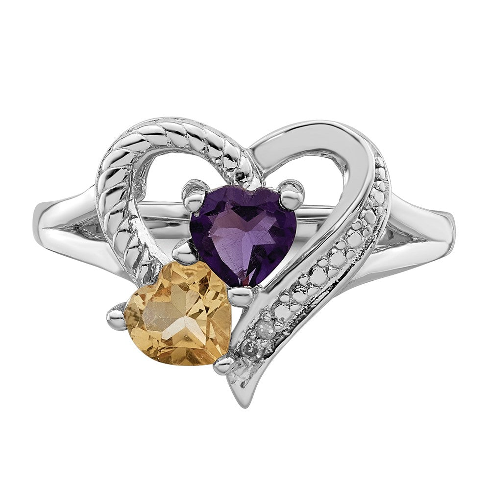 Sterling Silver Rhodium Amethyst & Citrine Diamond Ring