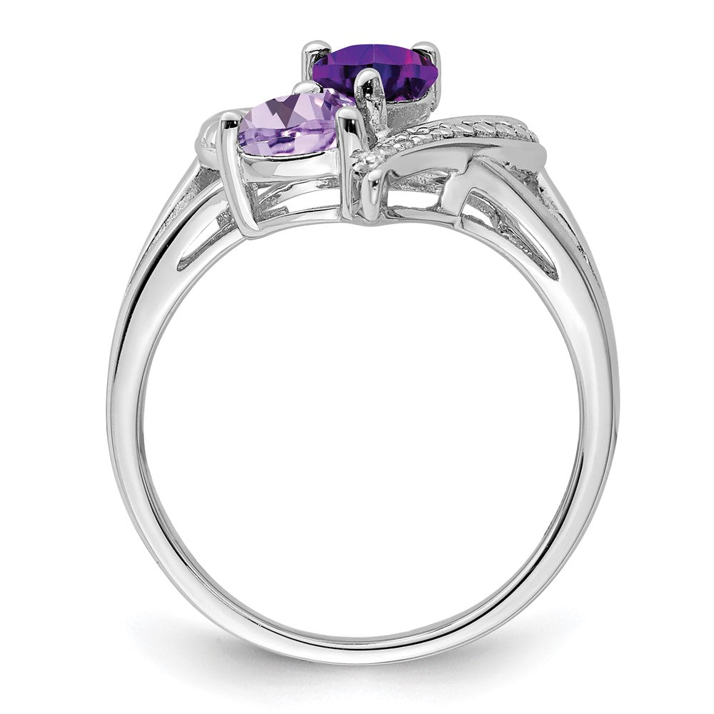 Sterling Silver Rhodium-plated Amethyst & Pink Quartz & Diamond Ring