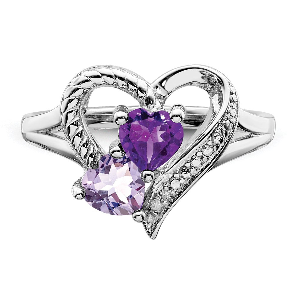 Sterling Silver Rhodium-plated Amethyst & Pink Quartz & Diamond Ring