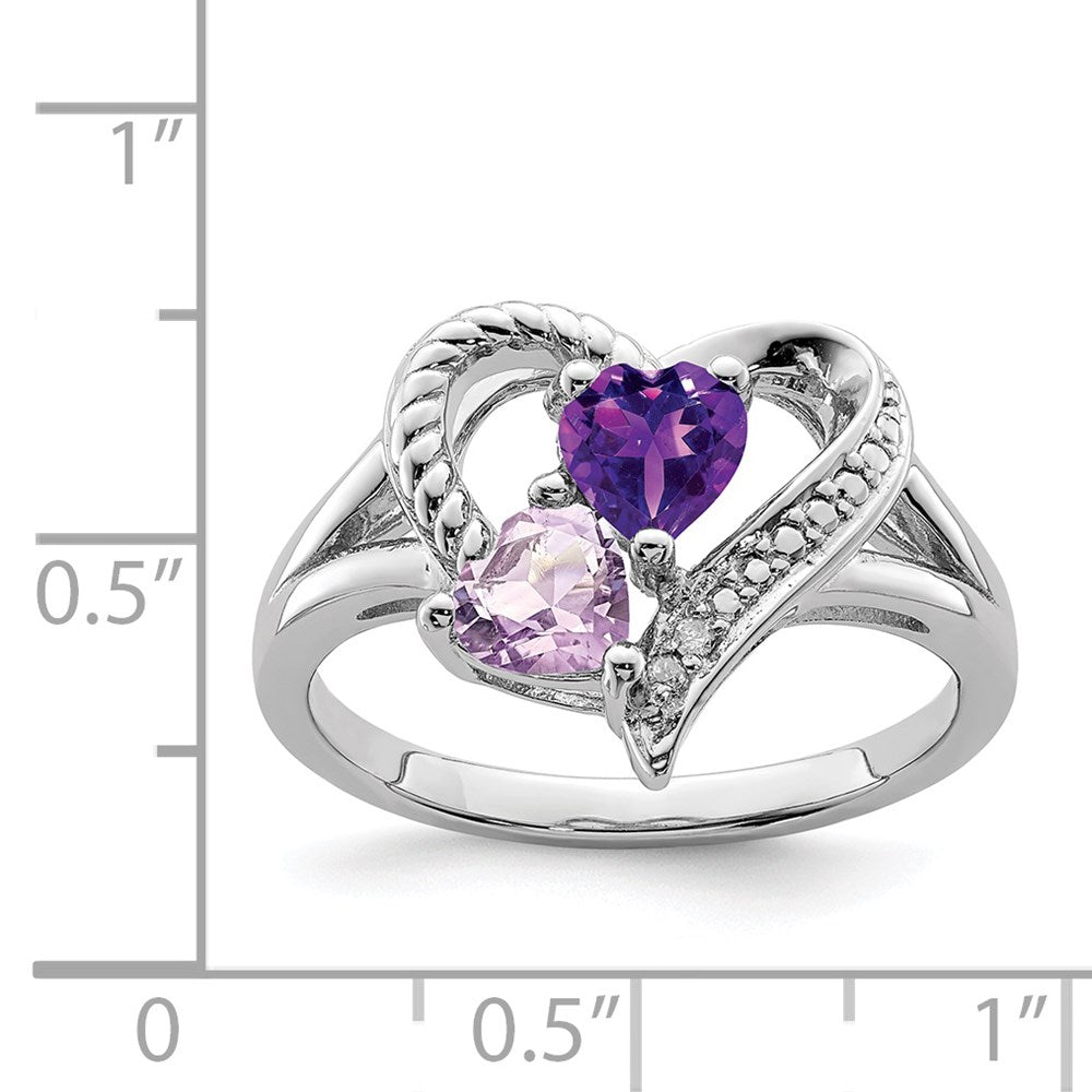 Sterling Silver Rhodium-plated Amethyst & Pink Quartz & Diamond Ring