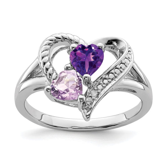 Sterling Silver Rhodium-plated Amethyst & Pink Quartz & Diamond Ring