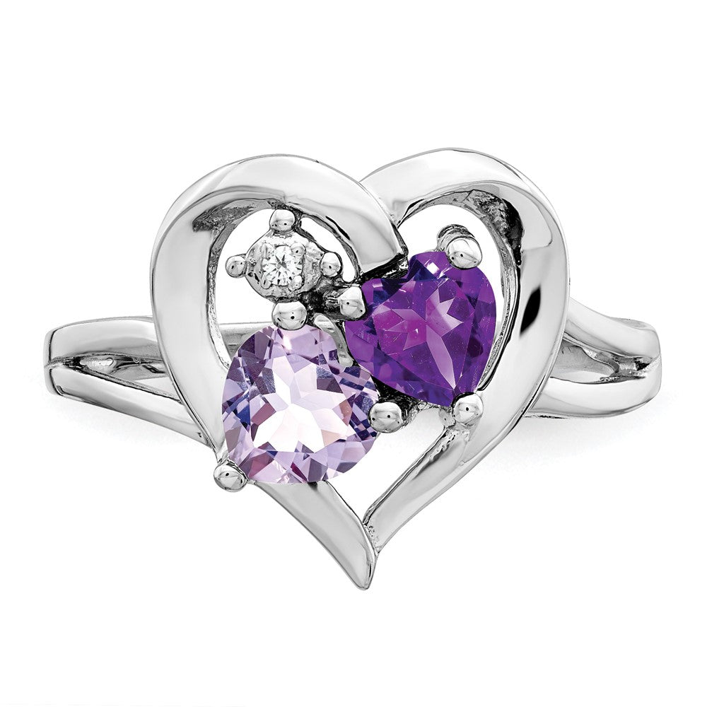 Sterling Silver Rhodium-plated Amethyst & Pink Quartz & Diamond Ring