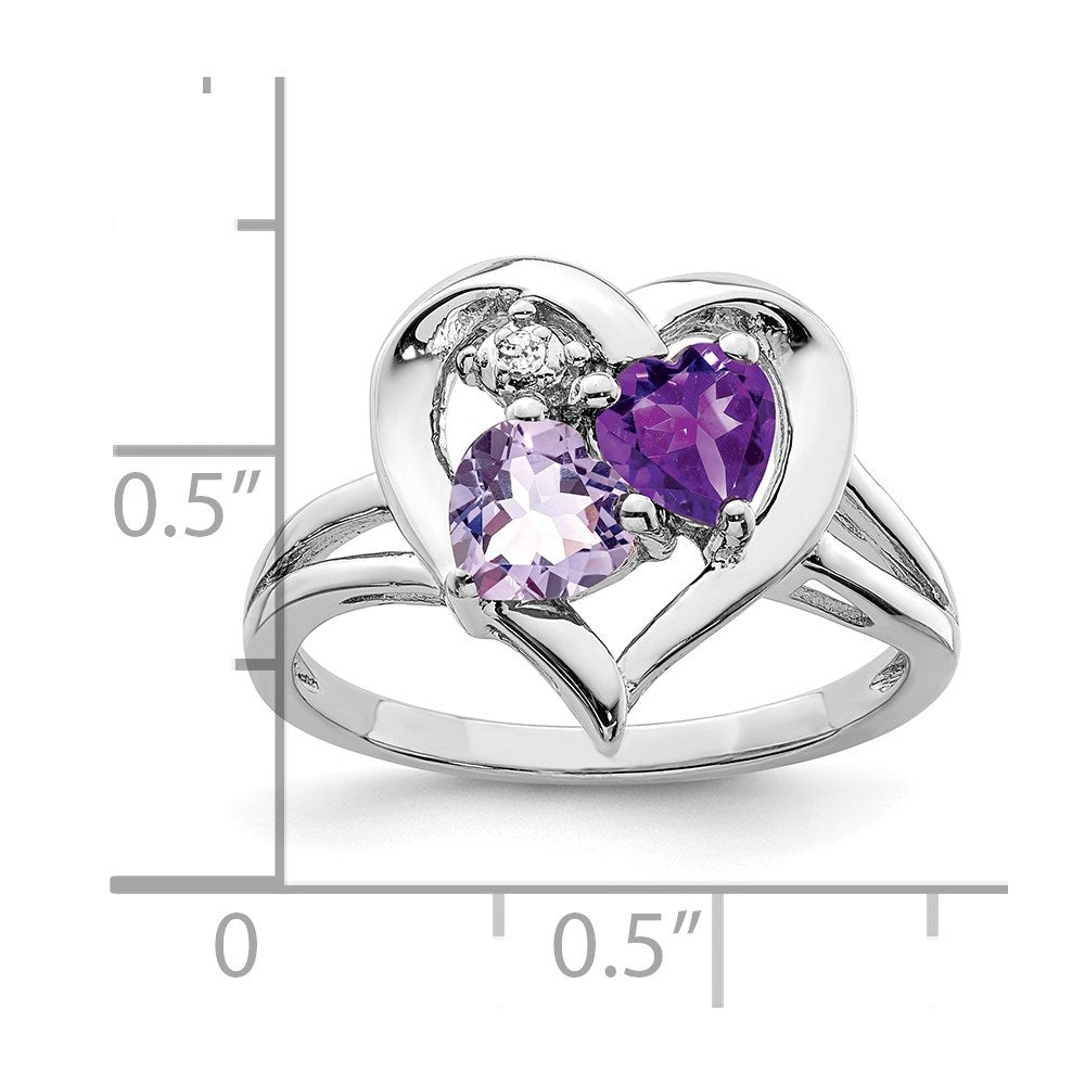 Sterling Silver Rhodium-plated Amethyst & Pink Quartz & Diamond Ring