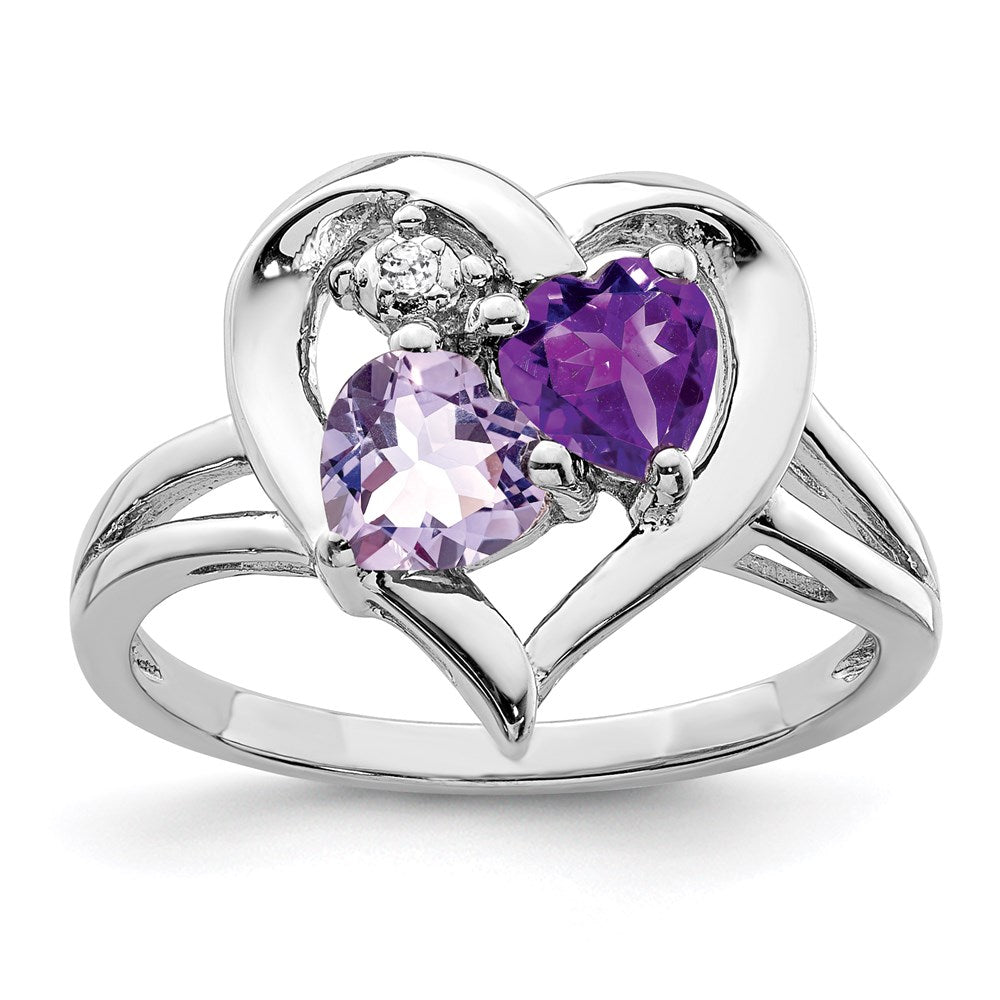 Sterling Silver Rhodium-plated Amethyst & Pink Quartz & Diamond Ring