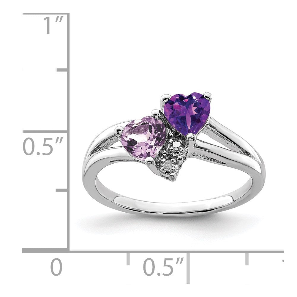 Sterling Silver Rhodium-plated Amethyst & Pink Quartz & Diamond Ring