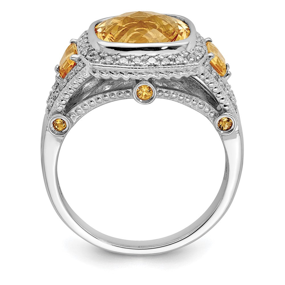 Sterling Silver Rhodium Diamond and Citrine Ring