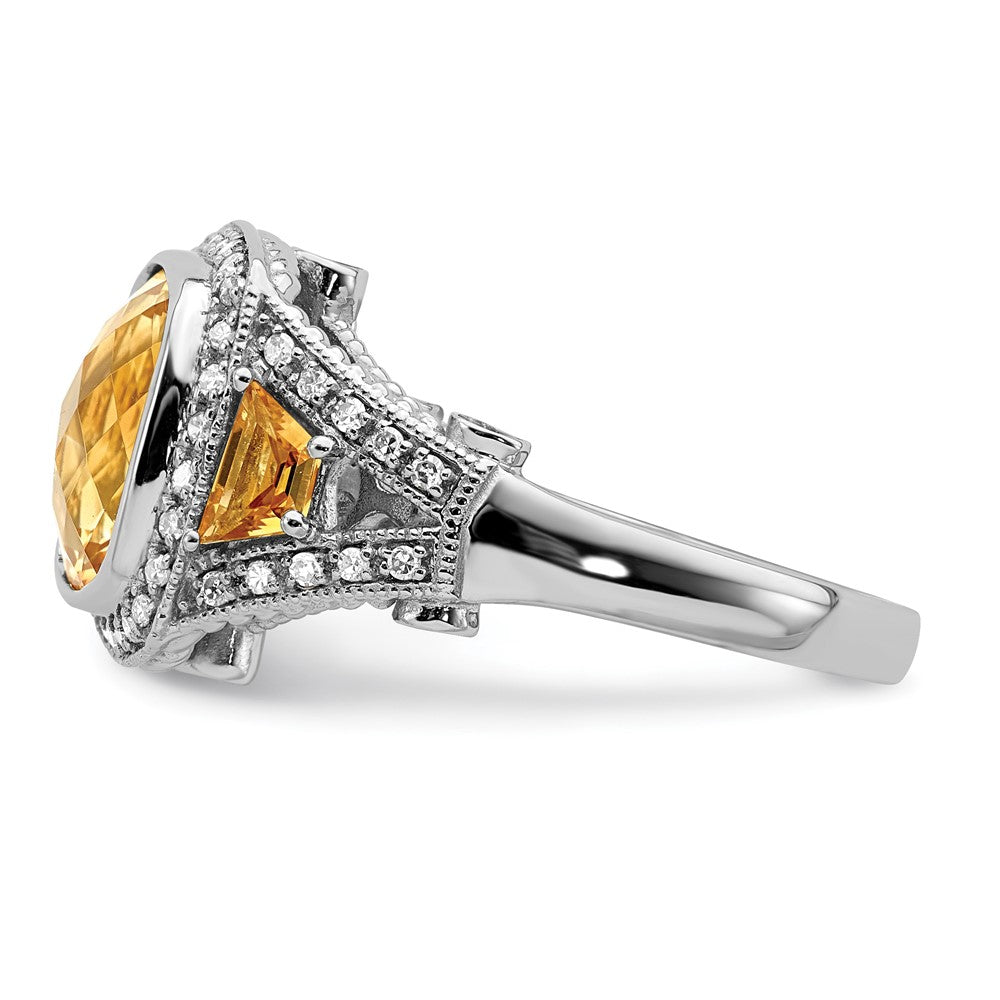 Sterling Silver Rhodium Diamond and Citrine Ring